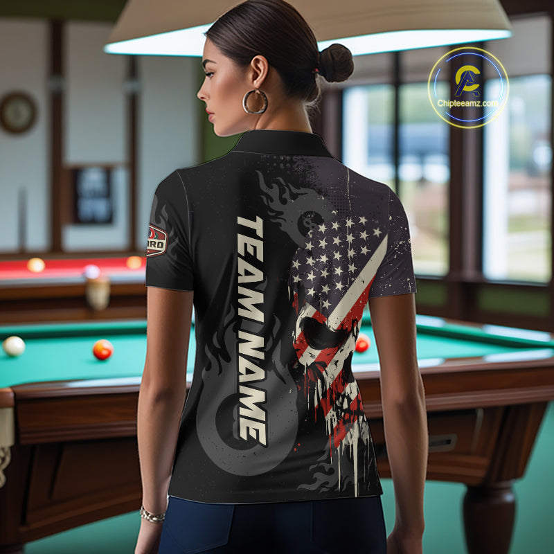 Vintage American Flag Skull 8 Ball Pool Custom Women Billiard Shirts Patriotic Billiard Team Jerseys TDM7894