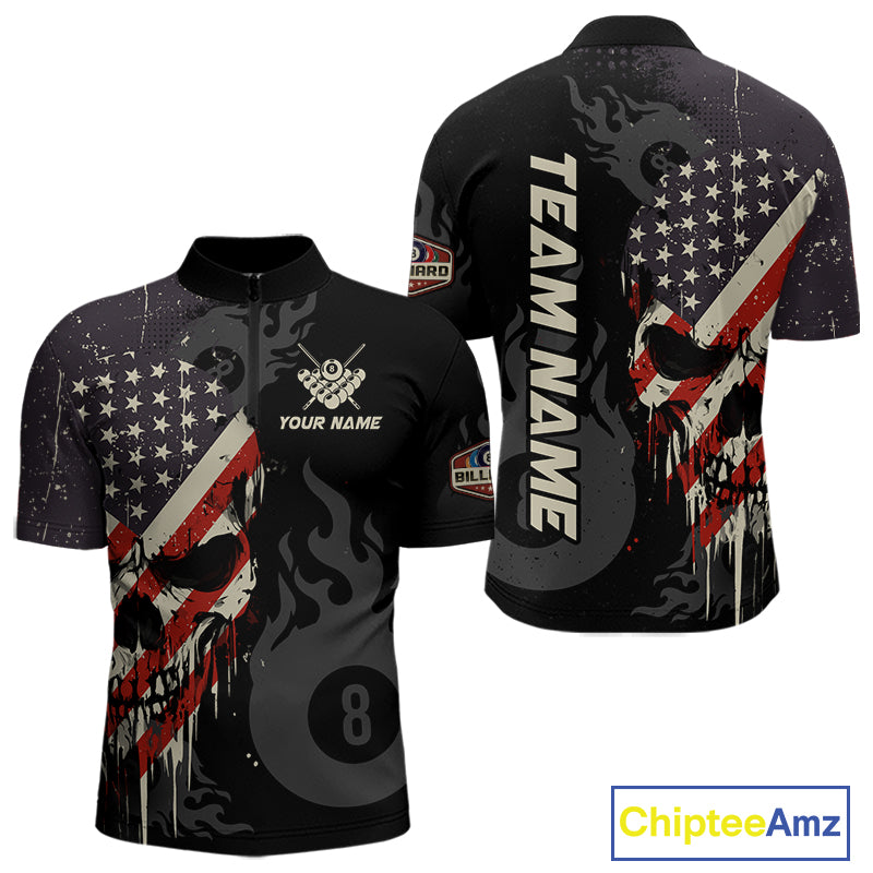 Vintage American Flag Skull 8 Ball Pool Custom Men Billiard Shirts Patriotic Billiard Team Jerseys TDM7894