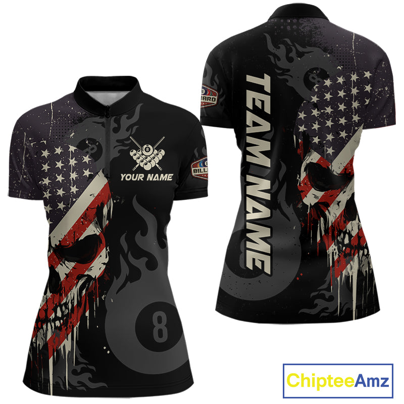 Vintage American Flag Skull 8 Ball Pool Custom Women Billiard Shirts Patriotic Billiard Team Jerseys TDM7894
