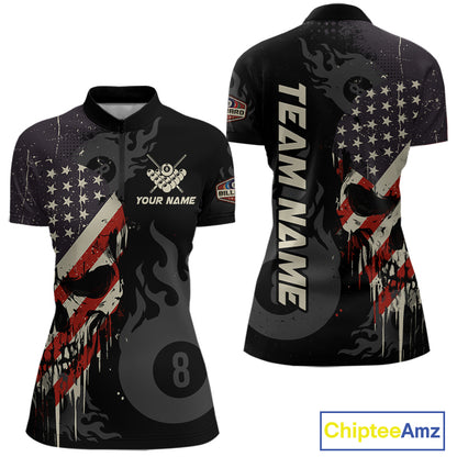 Vintage American Flag Skull 8 Ball Pool Custom Women Billiard Shirts Patriotic Billiard Team Jerseys TDM7894