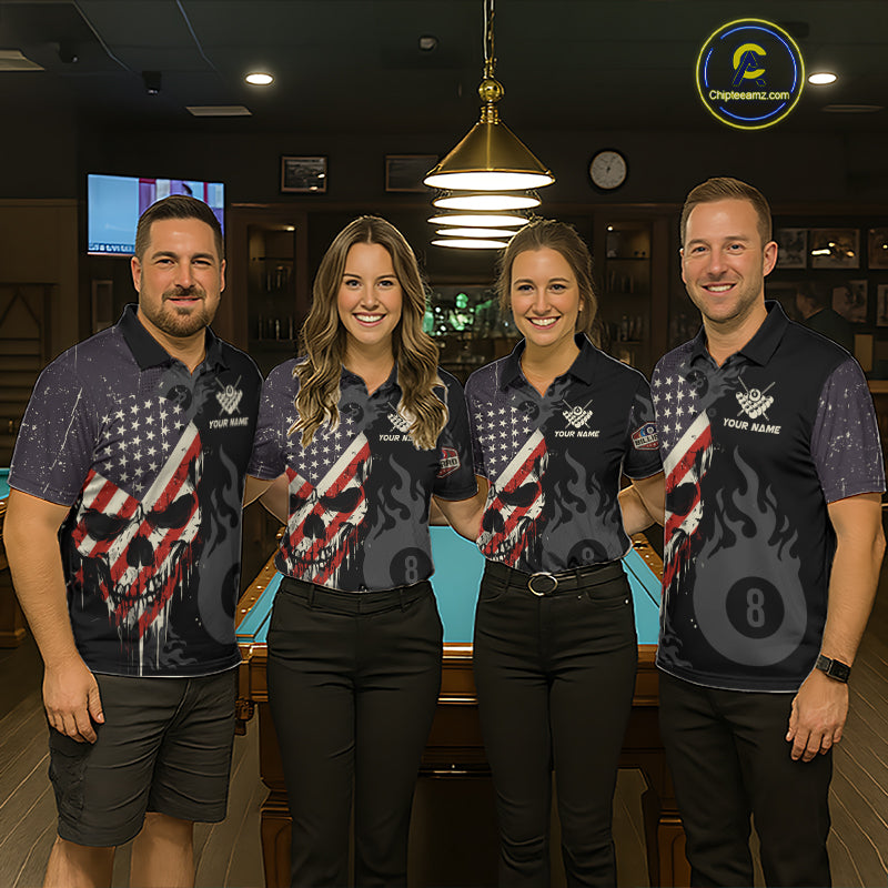 Vintage American Flag Skull 8 Ball Pool Custom Women Billiard Shirts Patriotic Billiard Team Jerseys TDM7894