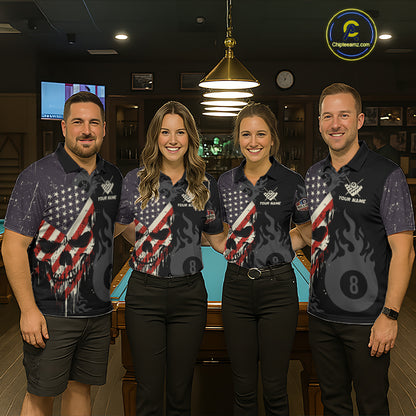 Vintage American Flag Skull 8 Ball Pool Custom Women Billiard Shirts Patriotic Billiard Team Jerseys TDM7894