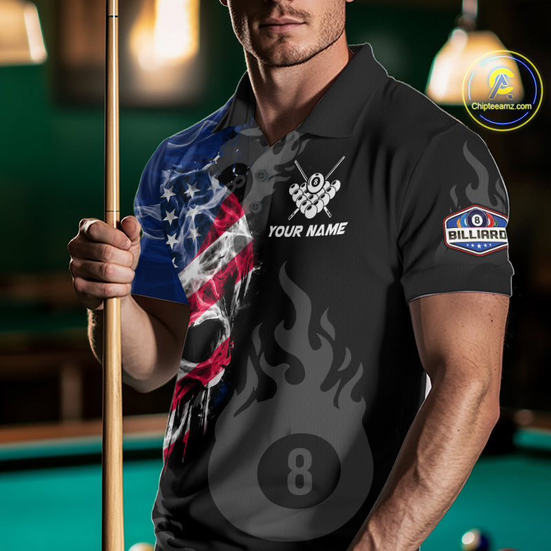 Smoke American Flag Skull 8 Ball Pool Custom Men Billiard Shirts Patriotic Billiard Team Jerseys TDM7895