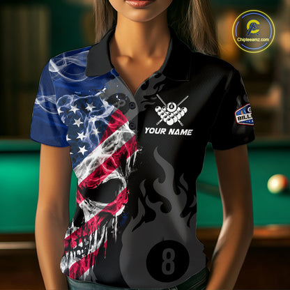 Smoke American Flag Skull 8 Ball Pool Custom Women Billiard Shirts Patriotic Billiard Team Jerseys TDM7895