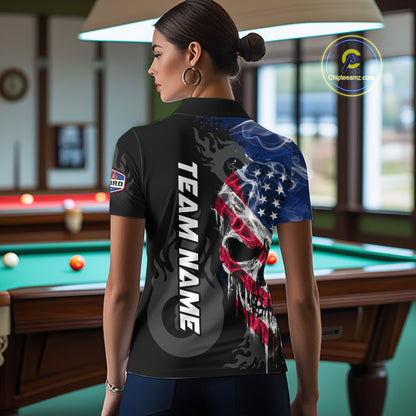 Smoke American Flag Skull 8 Ball Pool Custom Women Billiard Shirts Patriotic Billiard Team Jerseys TDM7895