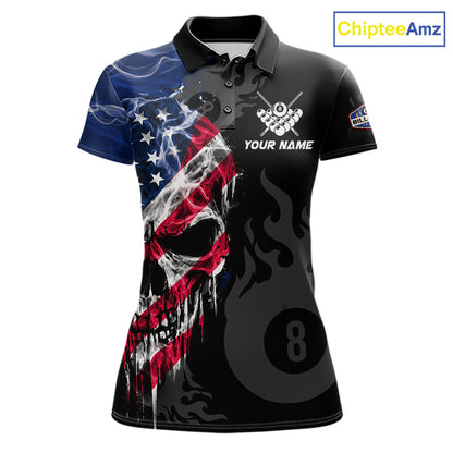 Smoke American Flag Skull 8 Ball Pool Custom Women Billiard Shirts Patriotic Billiard Team Jerseys TDM7895