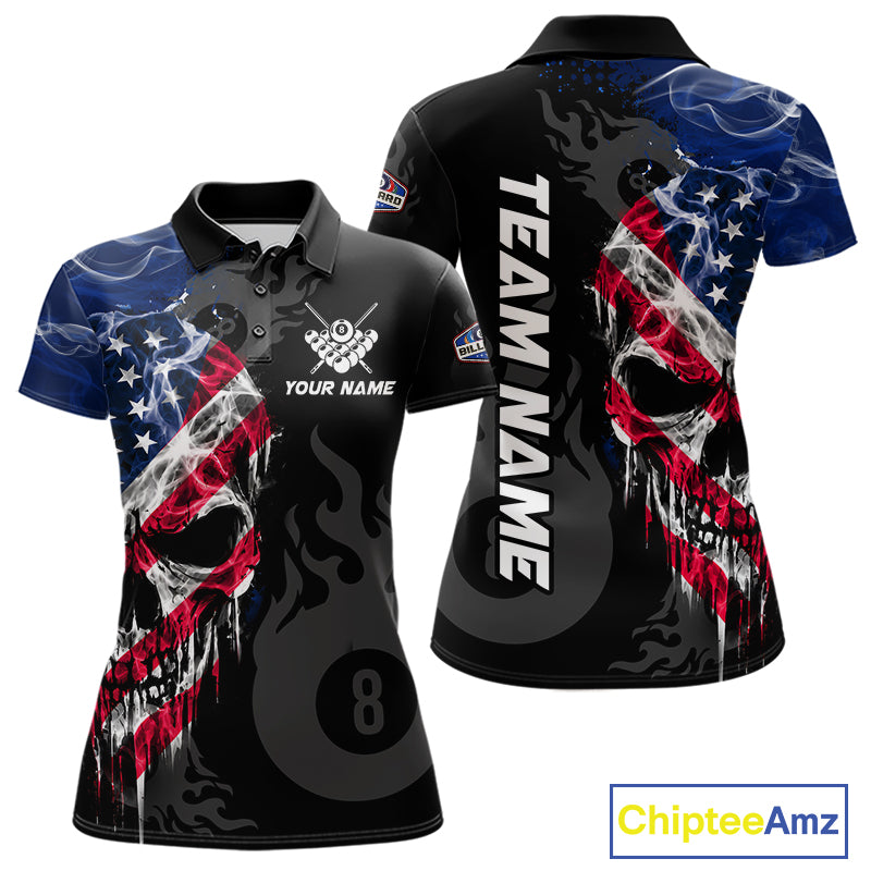 Smoke American Flag Skull 8 Ball Pool Custom Women Billiard Shirts Patriotic Billiard Team Jerseys TDM7895