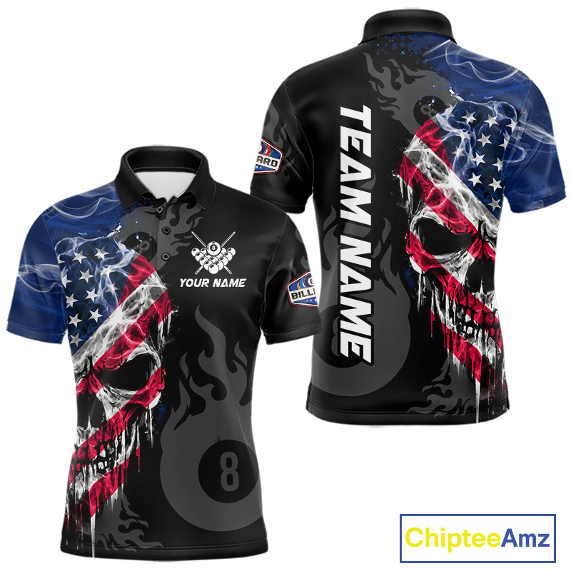 Smoke American Flag Skull 8 Ball Pool Custom Men Billiard Shirts Patriotic Billiard Team Jerseys TDM7895
