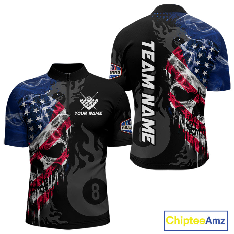 Smoke American Flag Skull 8 Ball Pool Custom Men Billiard Shirts Patriotic Billiard Team Jerseys TDM7895