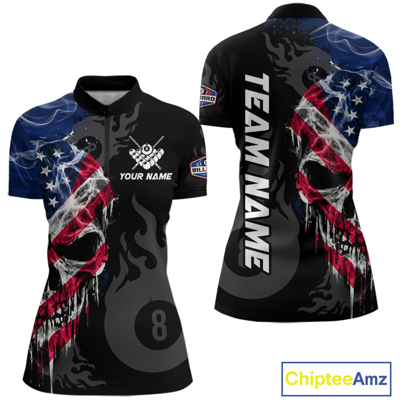 Smoke American Flag Skull 8 Ball Pool Custom Women Billiard Shirts Patriotic Billiard Team Jerseys TDM7895