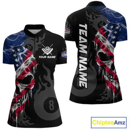 Smoke American Flag Skull 8 Ball Pool Custom Women Billiard Shirts Patriotic Billiard Team Jerseys TDM7895