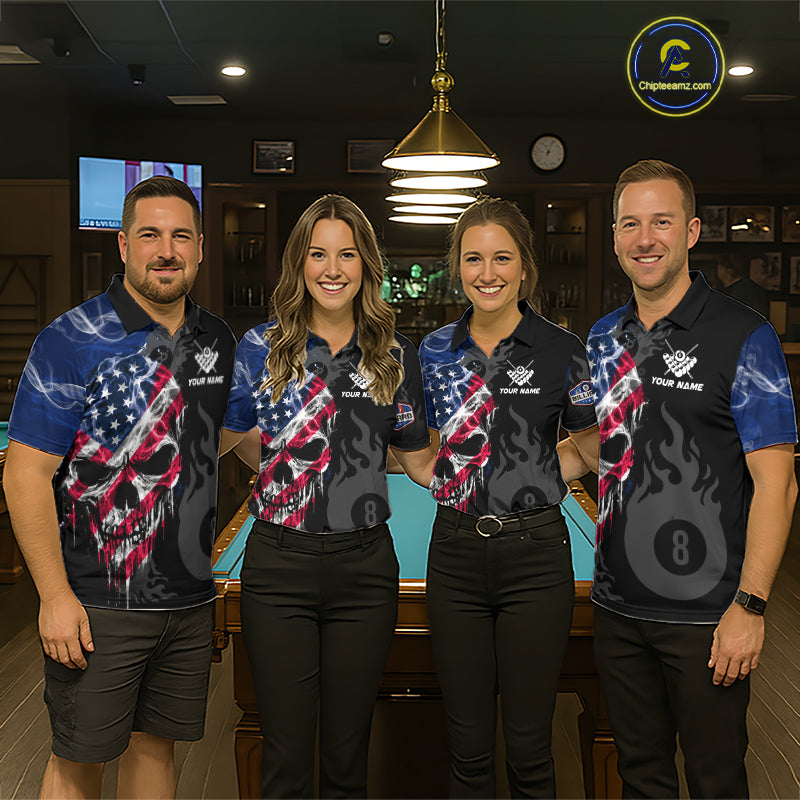 Smoke American Flag Skull 8 Ball Pool Custom Men Billiard Shirts Patriotic Billiard Team Jerseys TDM7895