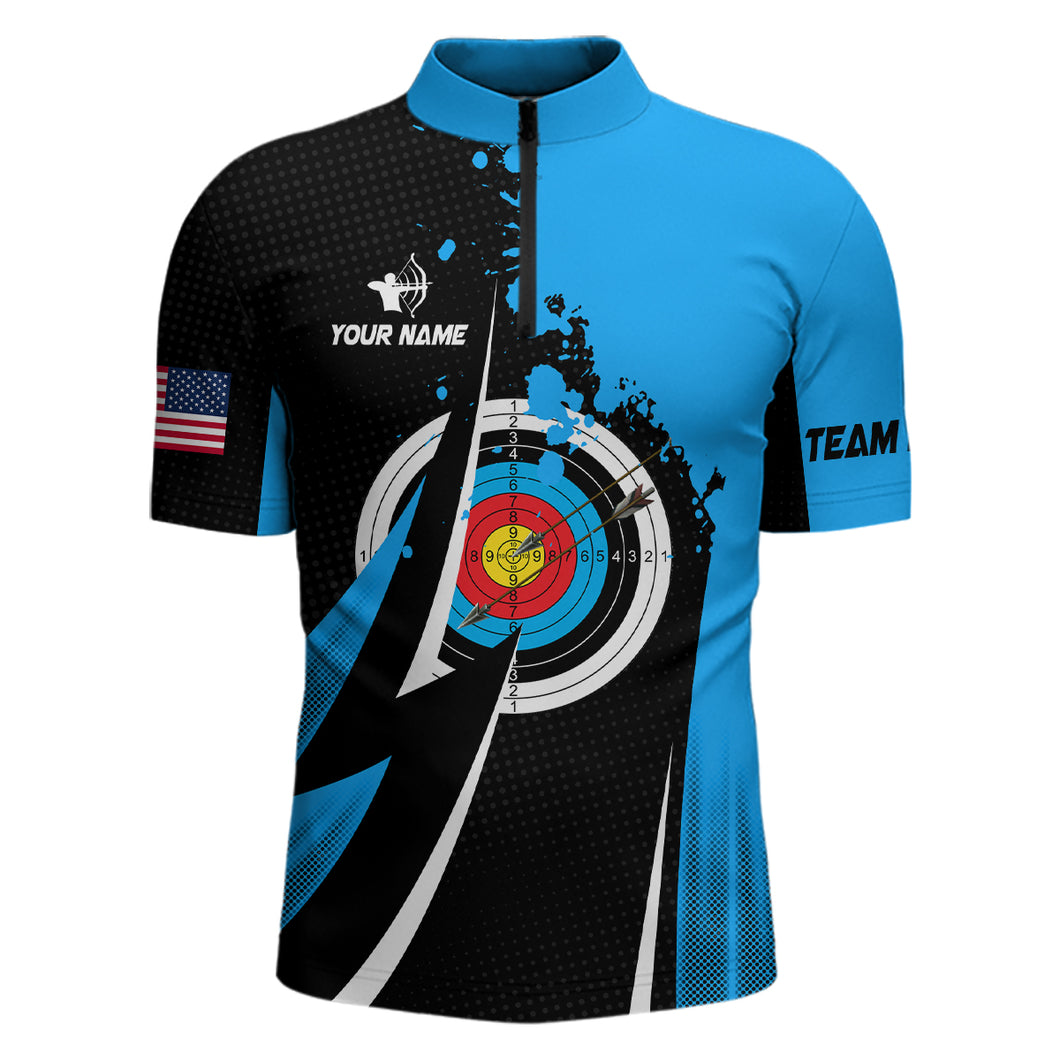 Personalized Blue Archery Mode Men Quarter-Zip Shirts Custom Archery Jerseys Team Shirts TDM0421