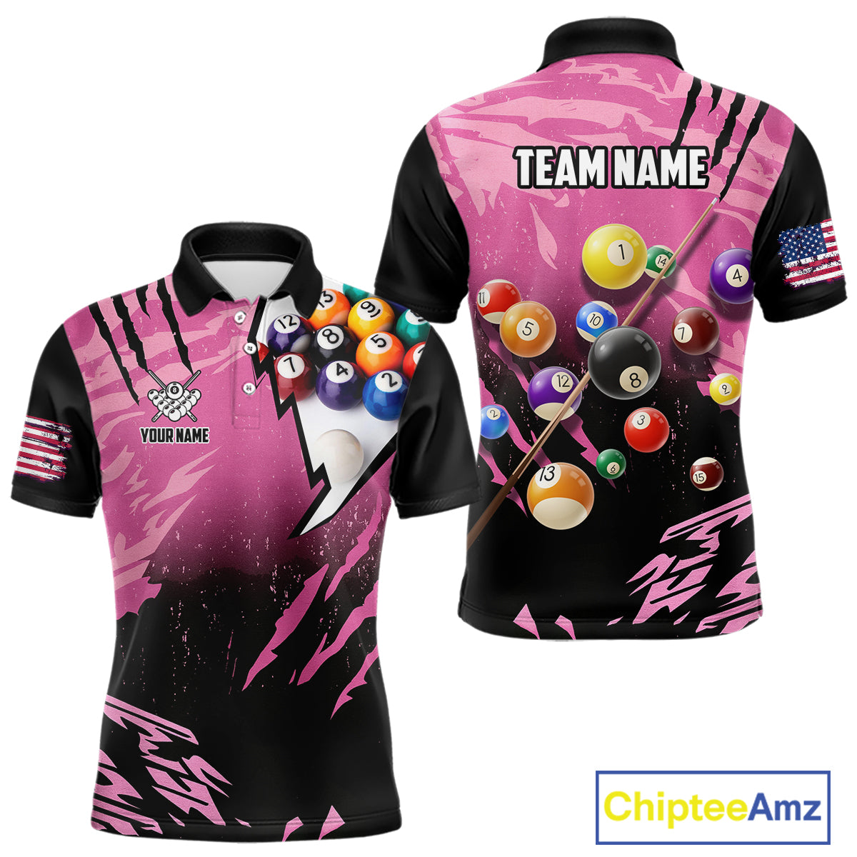 Personalized Pink Black Billiard Shirt For Men Custom 8 Ball Pool Billiard Jersey Polo & 1/4 Zip TDM5472