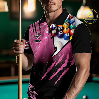Personalized Pink Black Billiard Shirt For Men Custom 8 Ball Pool Billiard Jersey Polo & 1/4 Zip TDM5472