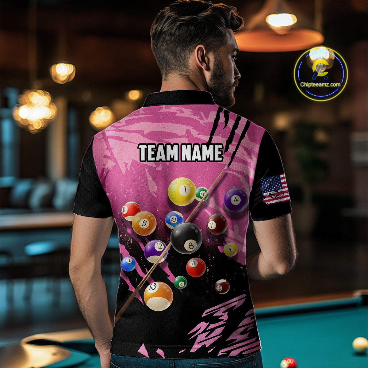 Personalized Pink Black Billiard Shirt For Men Custom 8 Ball Pool Billiard Jersey Polo & 1/4 Zip TDM5472