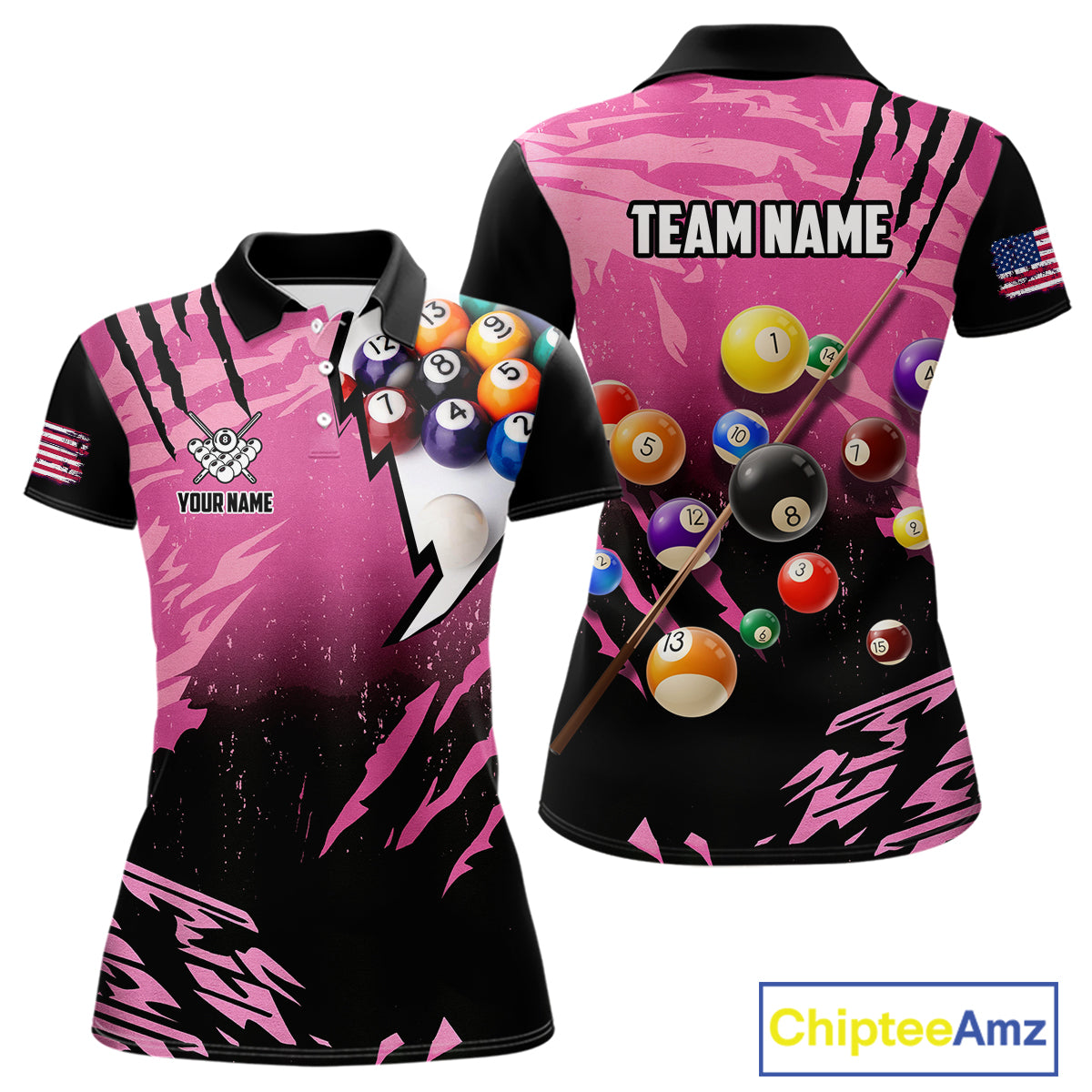 Personalized Pink Black Billiard Shirt For Women Custom 8 Ball Pool Billiard Jersey Polo & 1/4 Zip TDM5472