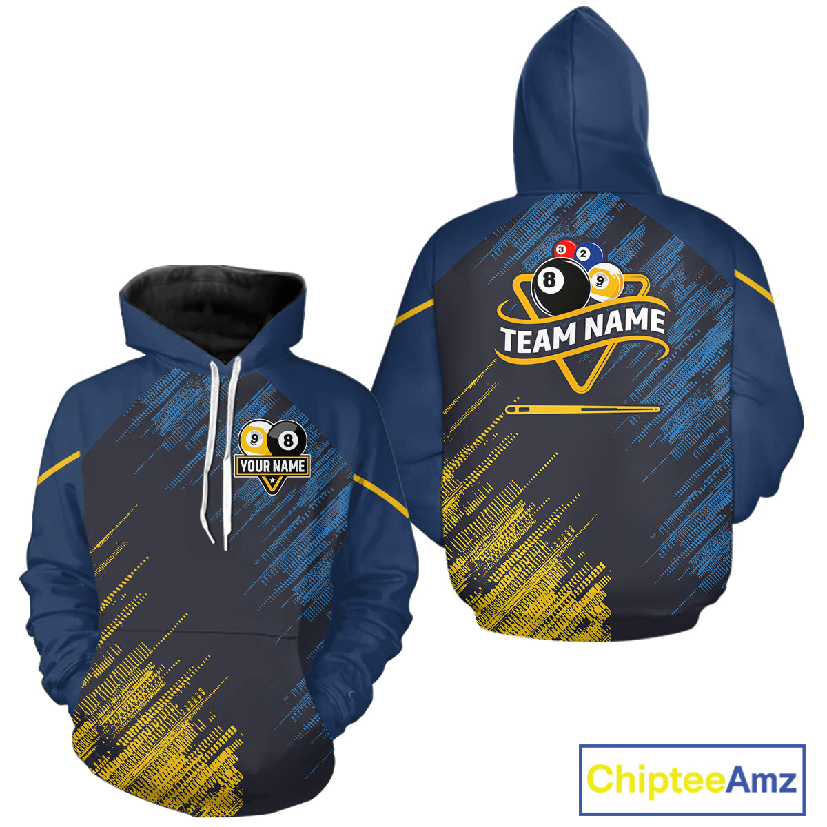 Personalized Blue Yellow 8 Ball & 9 Ball Pool Hoodie For Men Women Custom Billiard Hoodie Jersey TDM5745