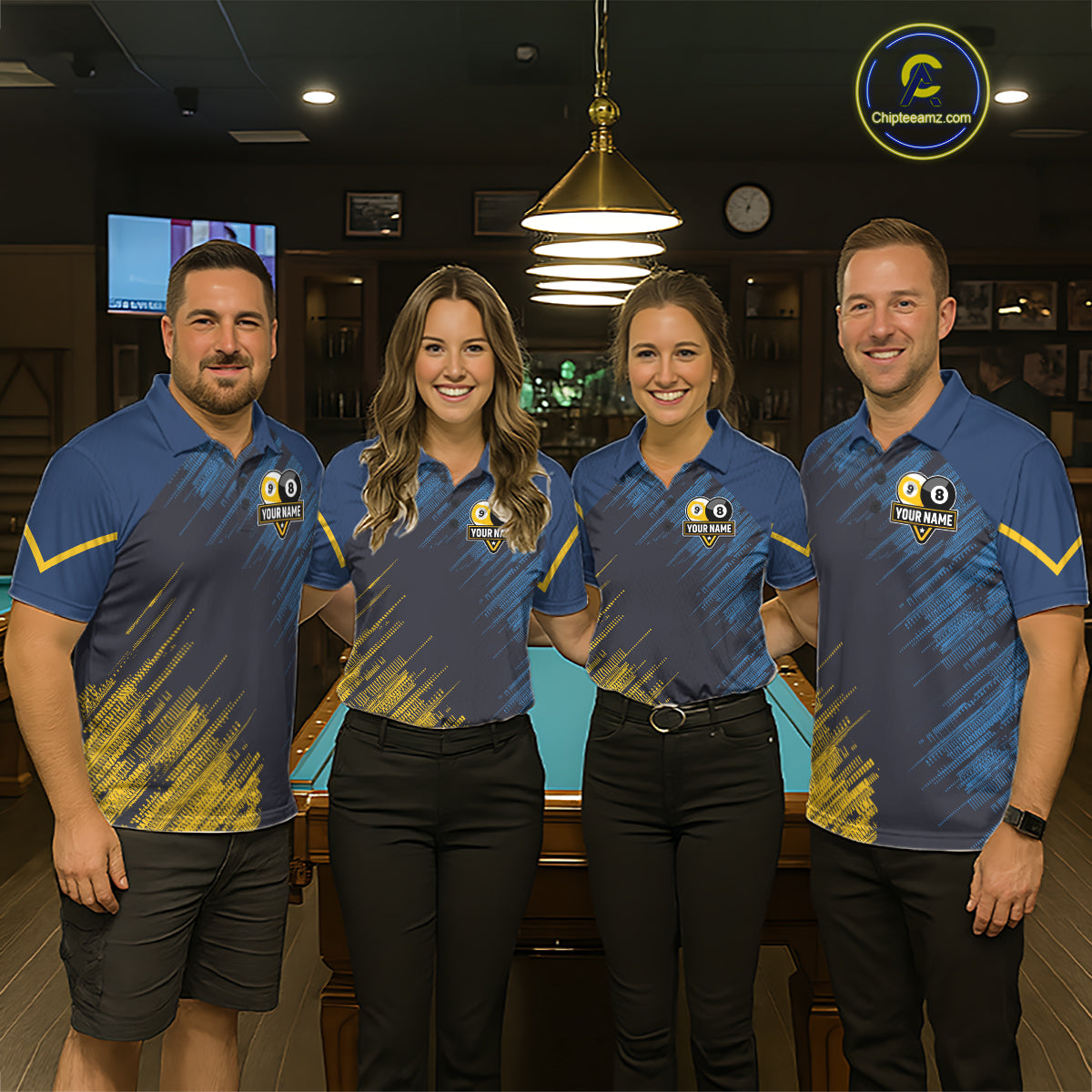 Personalized Blue Yellow 8 Ball & 9 Ball Pool Polo & 1/4 Zip For Men Custom Team Billiard Jersey TDM5745