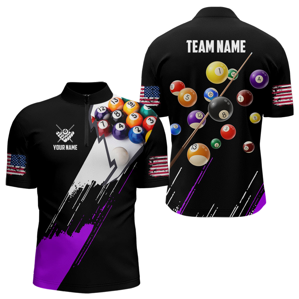 Personalized Black Purple 3D Pool Balls Billiard Shirts For Men Custom Team 8 Ball Billiard Jerseys TDM3576