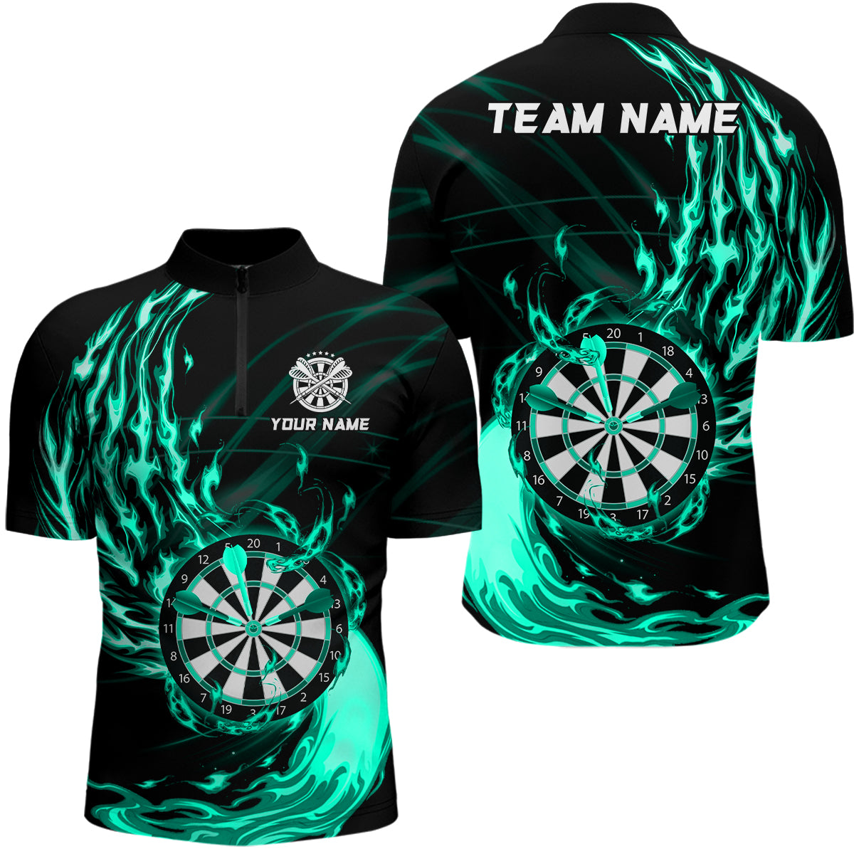 Turquoise Fire Flame Dartboard Darts Polo & Quarter Zip Custom Dart Shirts For Men Dart Jerseys TDM3739