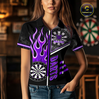 Black And Purple Flaming Smoke Darts Shirt For Women Custom Darts Jersey Team Polo & 1/4 Zip TDM6096