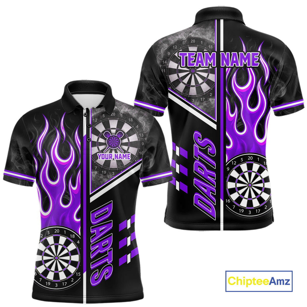 Black And Purple Flaming Smoke Darts Shirt For Men Custom Darts Jersey Team Polo & 1/4 Zip TDM6096