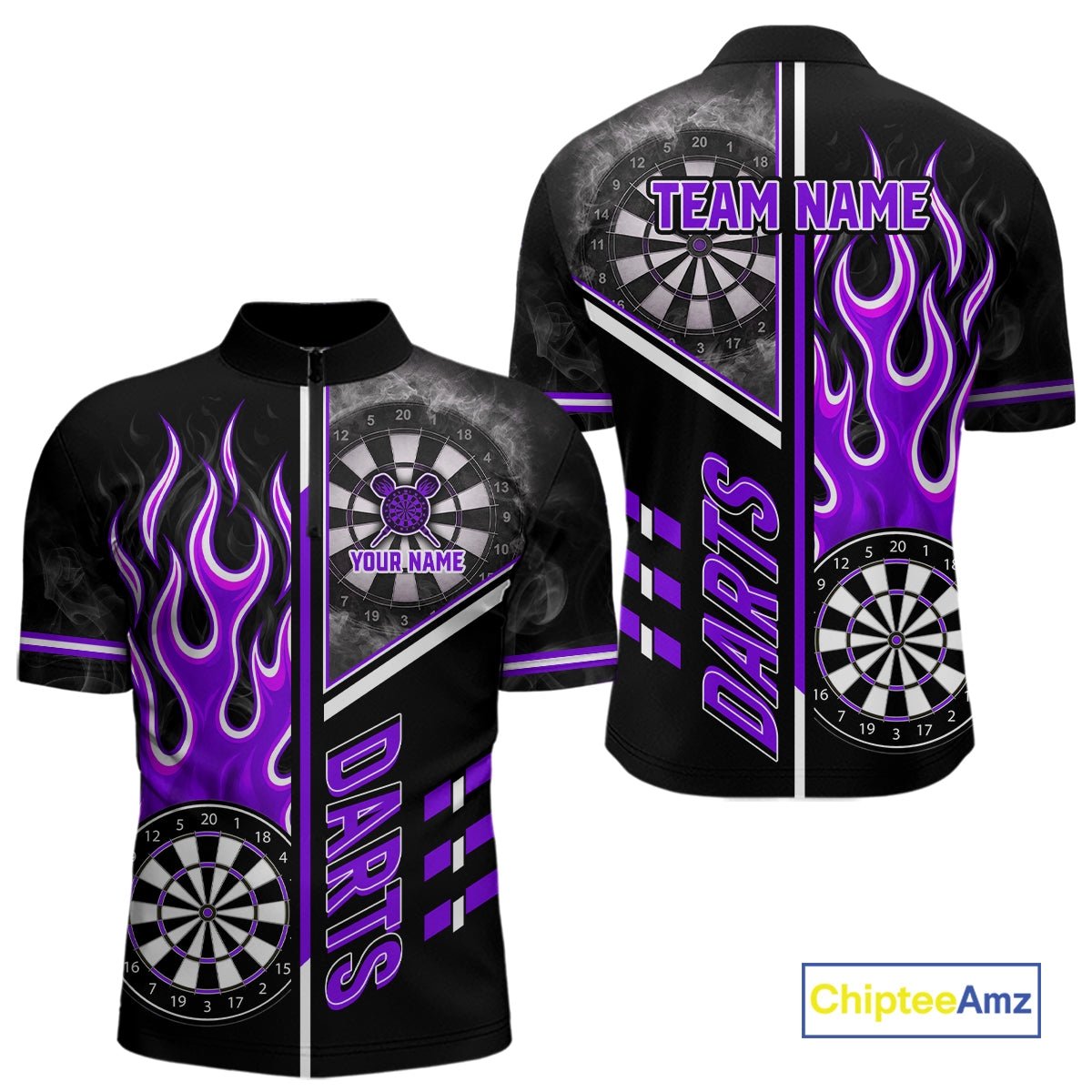 Black And Purple Flaming Smoke Darts Shirt For Men Custom Darts Jersey Team Polo & 1/4 Zip TDM6096