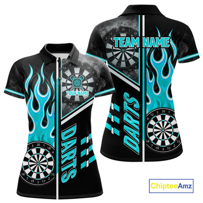 Black And Turquoise Flaming Smoke Darts Shirt For Women Custom Darts Jersey Team Polo & 1/4 Zip TDM6097