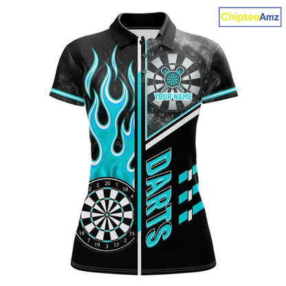 Black And Turquoise Flaming Smoke Darts Shirt For Women Custom Darts Jersey Team Polo & 1/4 Zip TDM6097