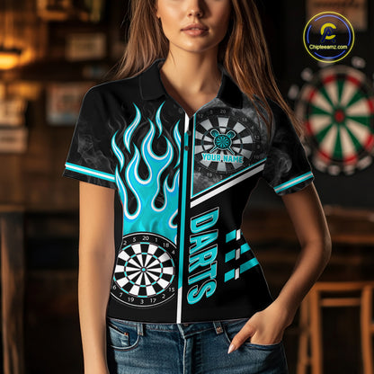 Black And Turquoise Flaming Smoke Darts Shirt For Women Custom Darts Jersey Team Polo & 1/4 Zip TDM6097