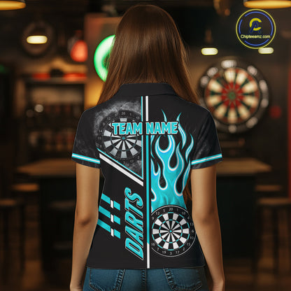 Black And Turquoise Flaming Smoke Darts Shirt For Women Custom Darts Jersey Team Polo & 1/4 Zip TDM6097