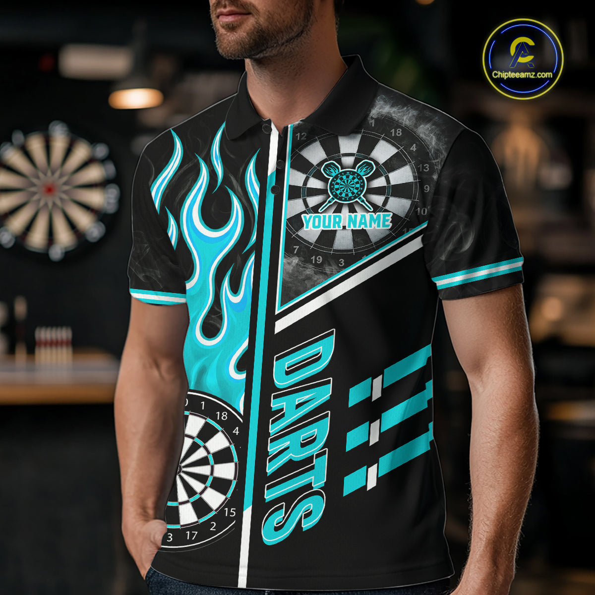 Black And Turquoise Flaming Smoke Darts Shirt For Men Custom Darts Jersey Team Polo & 1/4 Zip TDM6097