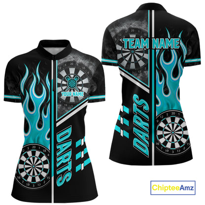 Black And Turquoise Flaming Smoke Darts Shirt For Women Custom Darts Jersey Team Polo & 1/4 Zip TDM6097