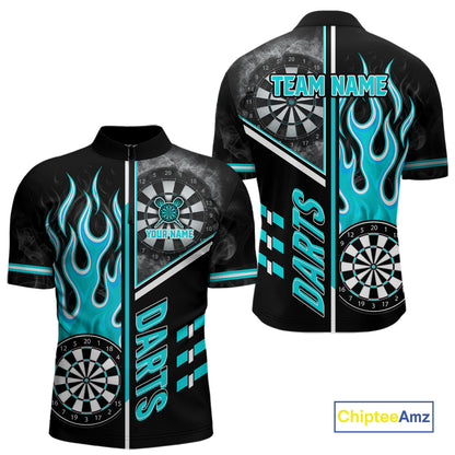 Black And Turquoise Flaming Smoke Darts Shirt For Men Custom Darts Jersey Team Polo & 1/4 Zip TDM6097