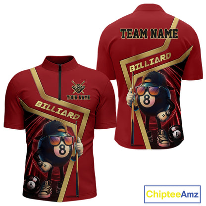 Red Funny 8 Ball Pool Billiard Shirt For Men Custom Gold Billiard Team Jersey Polo & 1/4 Zip TDM6354
