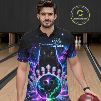 Neon Funny Cat Bowling Jersey Polo & 1/4 Zip For Men Custom Bowling Team Jersey, Bowling Gifts TDM6359