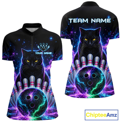 Neon Funny Cat Bowling Jersey Polo & 1/4 Zip For Women Custom Bowling Team Jersey, Bowling Gifts TDM6359