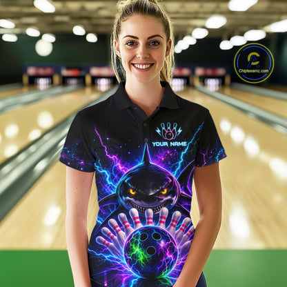 Neon Funny Shark Bowling Jersey Polo & 1/4 Zip For Women Custom Bowling Team Jersey, Bowling Uniform TDM6360