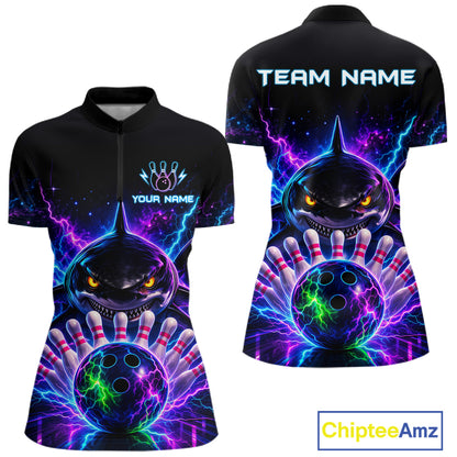 Neon Funny Shark Bowling Jersey Polo & 1/4 Zip For Women Custom Bowling Team Jersey, Bowling Uniform TDM6360