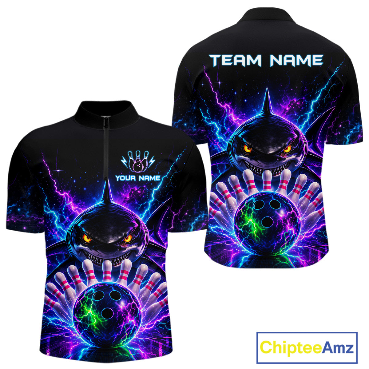 Neon Funny Shark Bowling Jersey Polo & 1/4 Zip For Men Custom Bowling Team Jersey, Bowling Uniform TDM6360