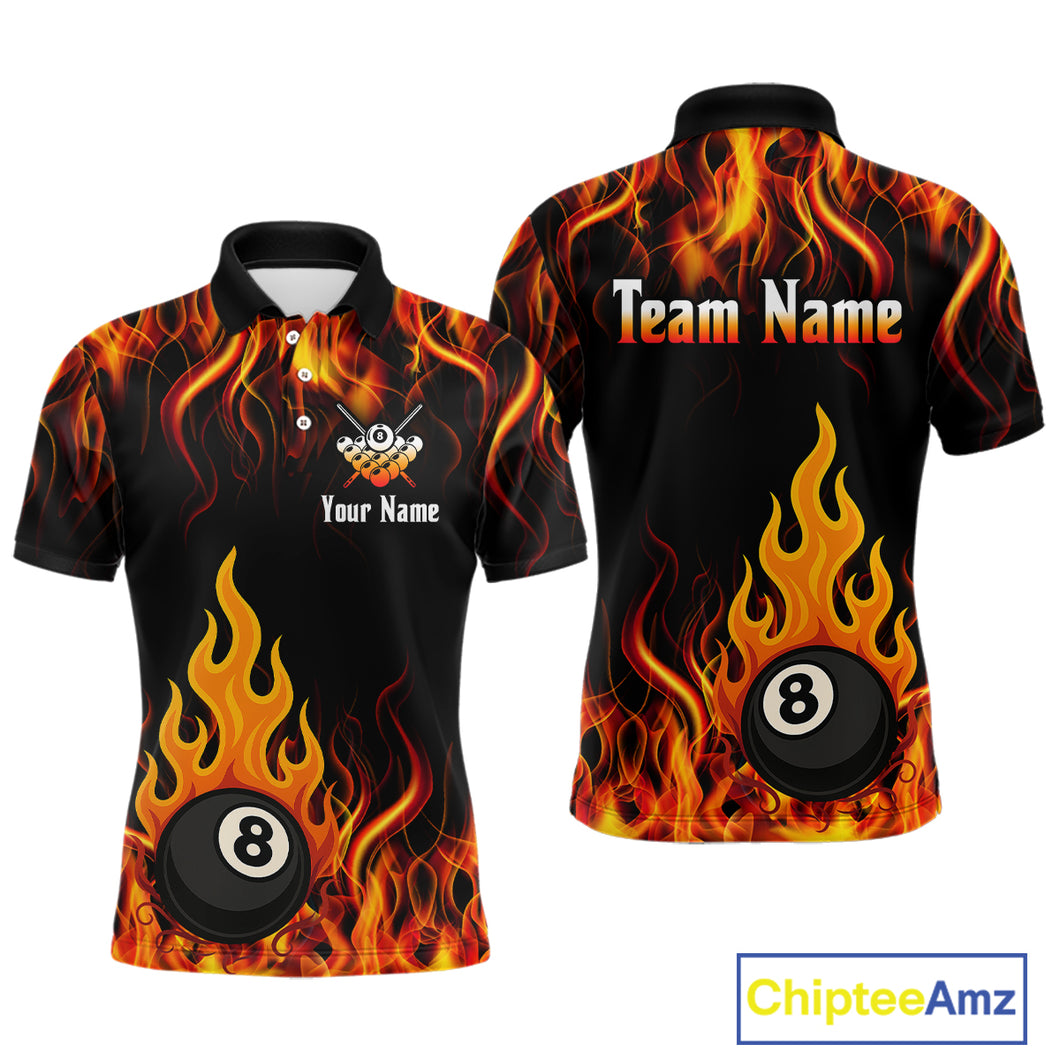 Orange 8 Ball Flame Fire Billiard Shirts For Men Custom Polo & 1/4 Zip Billiard Team Jerseys TDM4012