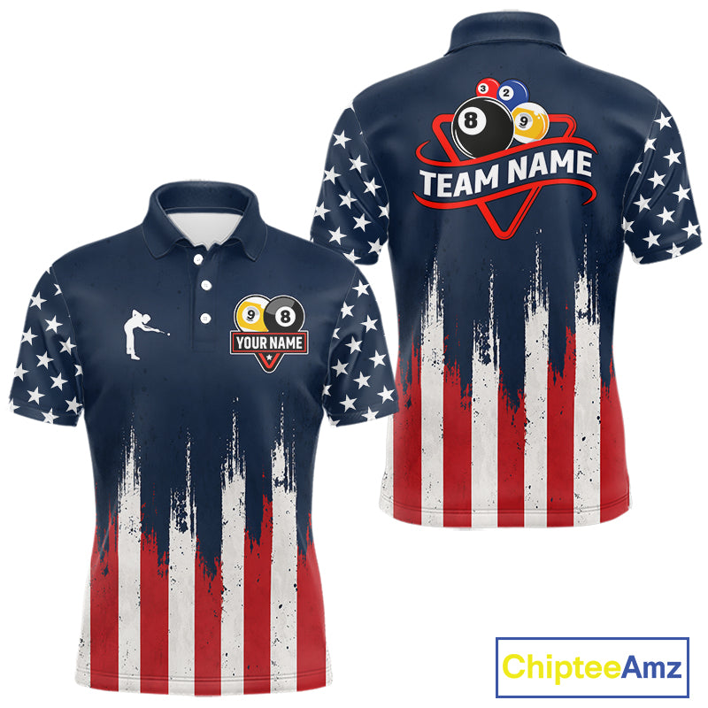 American flag 8 ball and 9 ball pool billiard team jersey polo shirt for men featuring patriotic USA artwork, premium custom billiard team apparel for league play and tournaments.