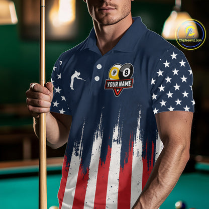 Man wearing American flag 8 ball and 9 ball pool billiard team jersey polo shirt, front view.