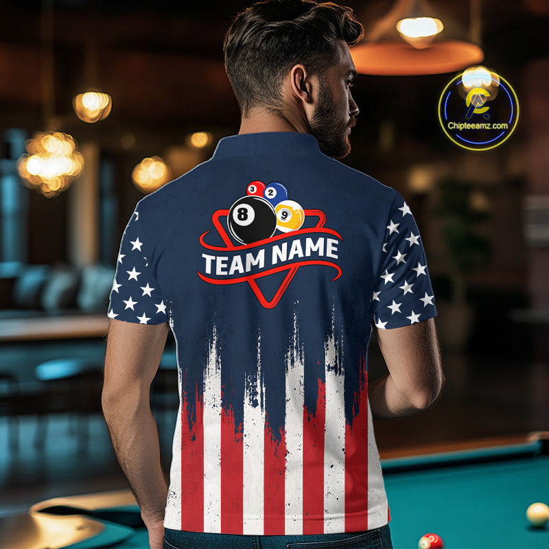 Man wearing American flag 8 ball and 9 ball pool billiard team jersey polo shirt, back view.