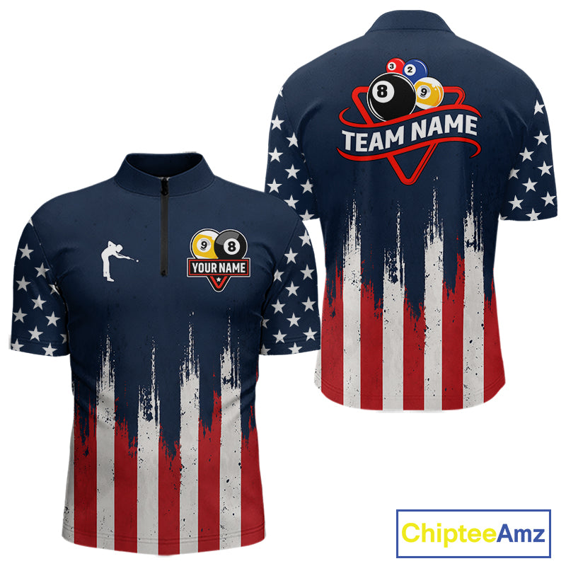 American flag 8 ball and 9 ball pool billiard team jersey quarter zip shirt for men featuring patriotic 8 ball and 9 ball graphics, premium custom pool apparel.