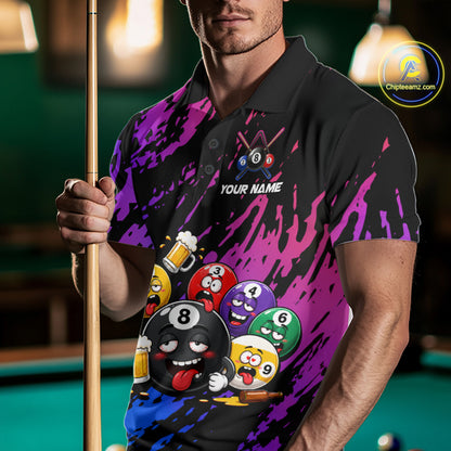 Man wearing custom blue and purple drunk pool balls funny beer billiard team jersey polo shirt, front view.