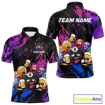 Custom blue and purple drunk pool balls funny beer billiard team jersey polo shirt for men featuring funny beer and pool balls artwork, premium custom pool league apparel.