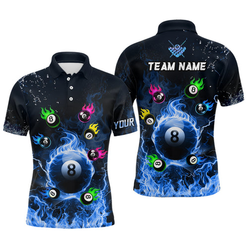 Personalized Colorful 8 Ball Fire 3D Men Polo & 1/4 Zip Shirts, Team League Billiard Jerseys |Blue TDM2767