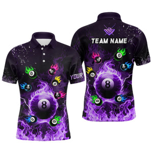 Personalized Colorful 8 Ball Fire 3D Men Polo & 1/4 Zip Shirt Team League Billiard Jerseys |Purple TDM2768